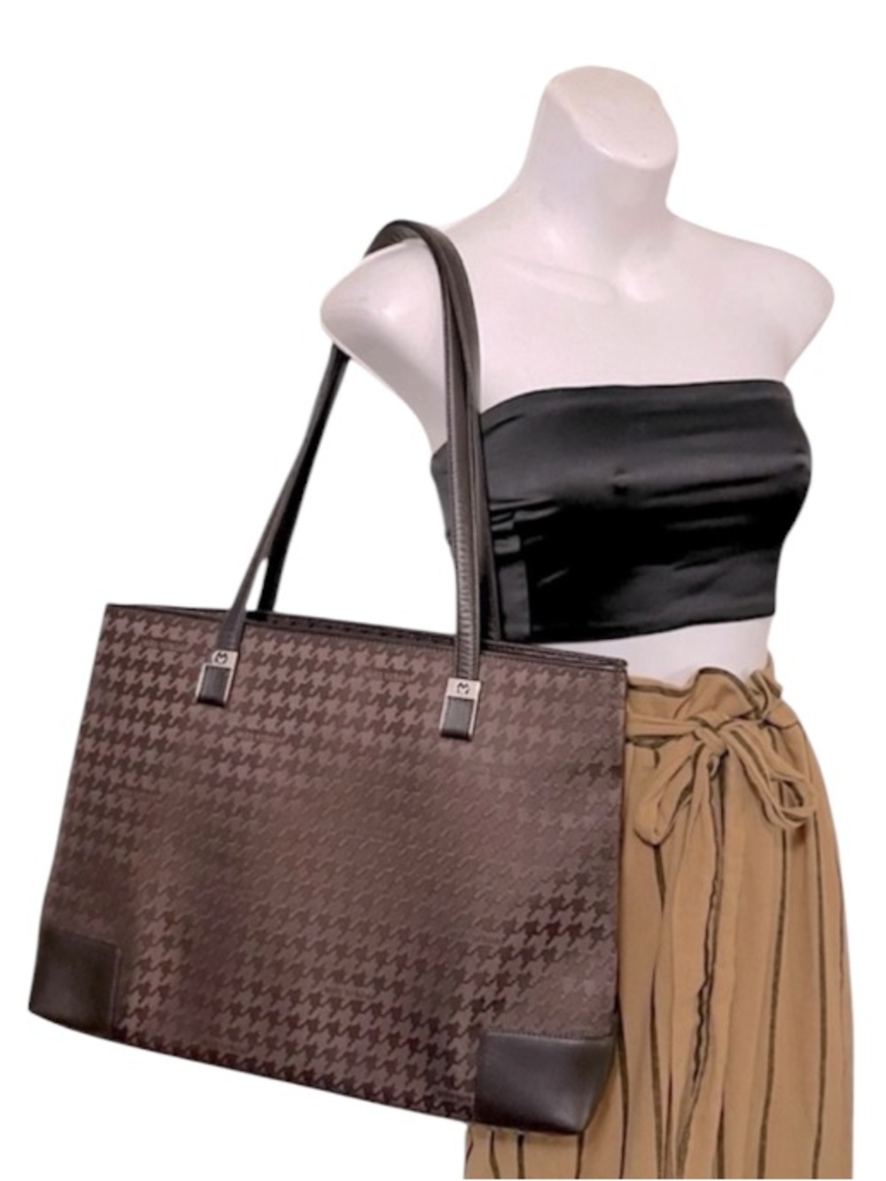 Mila Schon Brown Leather Nylon Houndstooth Laptop Carryon Tote Bag Purse